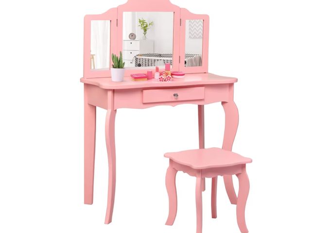 Lot 96-197443 - Costzon Kids Wooden Vanity Table &amp; Stool Set, 2 in 1 Detachable Design with Dressing Table and W...