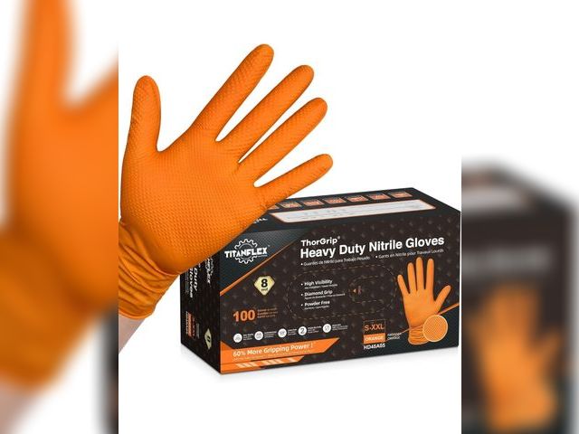 Lot 96-181311 - TitanFlex Thor Grip Heavy Duty Industrial Orange Nitrile Gloves with Raised Diamond Texture, 8-mil, ...
