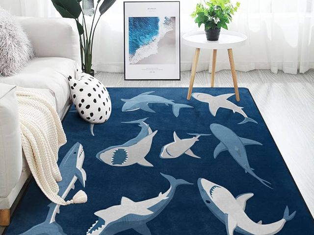 Lot 96-187971 - ALAZA Blue Cartoon Shark Print Area Rug Rugs for Living Room Bedroom Dimensions unknown used