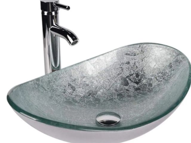 Lot 96-192653 - Puluomis
21 in . Bathroom Sink in Silver Multi-Colored Glass Oval Vessel Sink with Faucet Pop Up Dra...