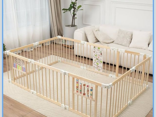 Lot 96-174170 - Foldable Wooden Baby Playpen Activity Center,Adjustable Size &amp; Shape Portable Play Yard, Baby Fe...