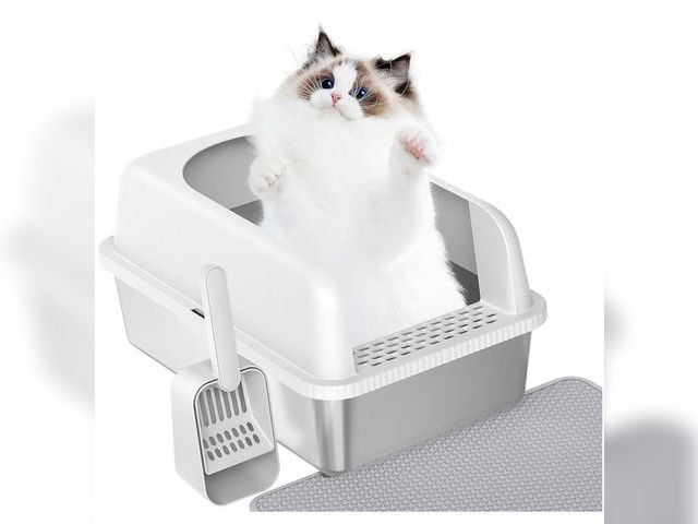 Lot 96-170098 - Prodigen Stainless Steel Cat Litter Box with Lid High Wall Sides Enclosure, Non-Sticky, Anti-Leakage...