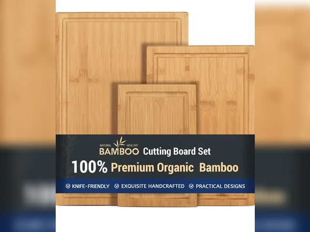 Lot 96-194640 - Hiware Extra Large Bamboo Cutting Board with Holder, Durable Wood Cutting Board for Kitchen with Jui...