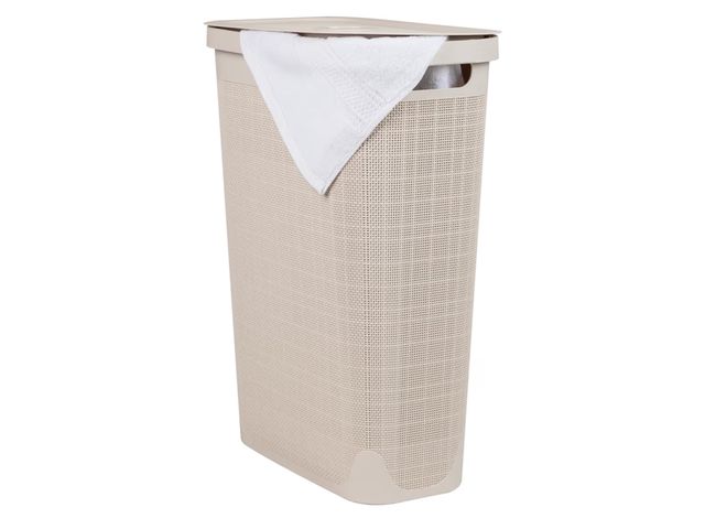 Lot 96-178124 - Mind Reader Slim Laundry Hamper with Lid, 40L Clothes Basket, Linen Design, Plastic, Ivory New