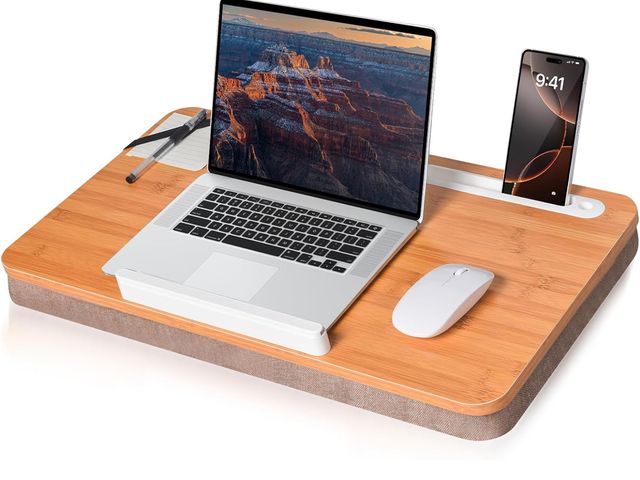 Lot 96-169779 - wishacc Oversized Bamboo Lap Desk with Phone/Tablet Slots &amp; Cushion Pillow – Extra-Large Portabl...