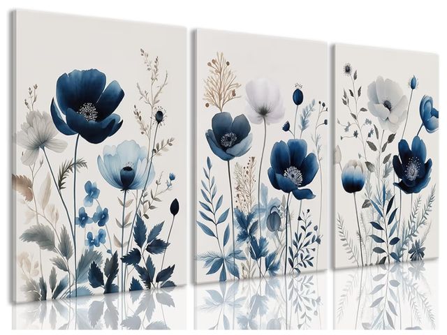 Lot 96-190844 - BingruiArt Navy Blue Canvas Wall Art Blue and Gray Boho Flower Wall Decor Floral Watercolor Art Prin...