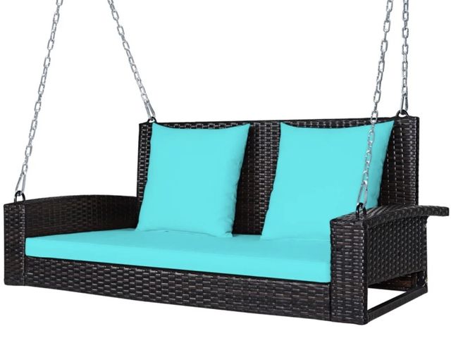 Lot 96-197979 - 2 Person Patio Rattan Hanging Porch Swing Bench Chair Turquoise New