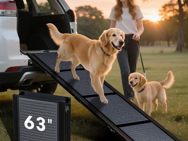 Lot 96-170235 - HBTower 63" Long &amp; 17.3" Wide Folding Dog Ramp for Car, SUV &amp; Truck – Portable Pet Ramp with...