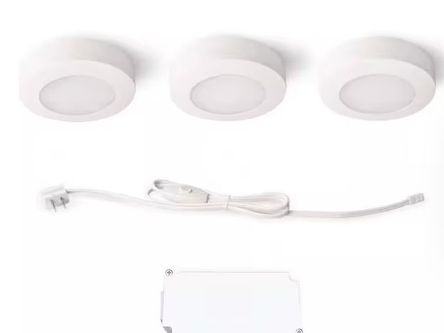 Lot 96-174236 - Plug-In 3-Light White Dimmable Color Changing Integrated LED 5 CCT Under Cabinet Puck Light with J-b...