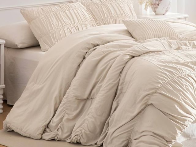 Lot 96-170889 - Lady Ann Oversized King Bed Comforter Set- Wheat Ruched Boho 120 x 120 Comforter Set for Bedroom, 3 ...