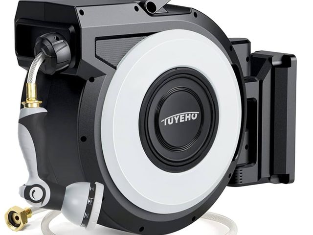 Lot 96-170088 - Tuyeho Retractable Garden Hose Reel 100FT, Wall Mount Heavy Duty Water Hose Reels with Automatic Slo...
