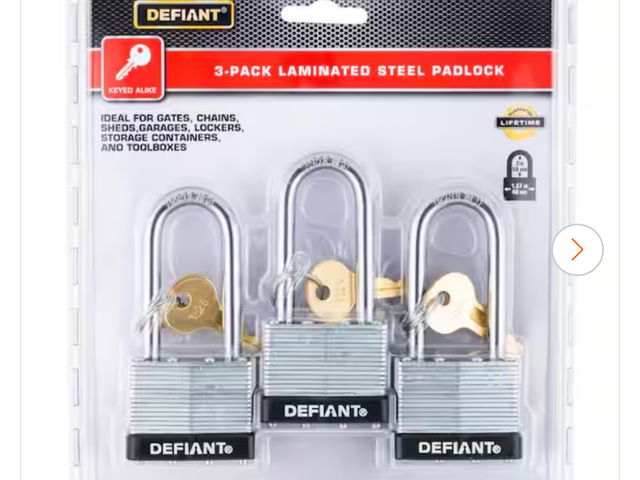 Lot 96-159694 - Defiant 40 mm 2 in. 3-Pack Laminated Steel Shackle Keyed Padlock (Includes 3 Keys) New