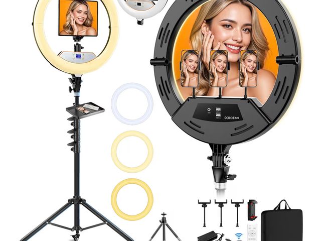 Lot 96-190291 - 22" Large Ring Light with Stand, Upgraded Foldable LED Big Ringlight with 75" Tripod &amp; Mini Trip...