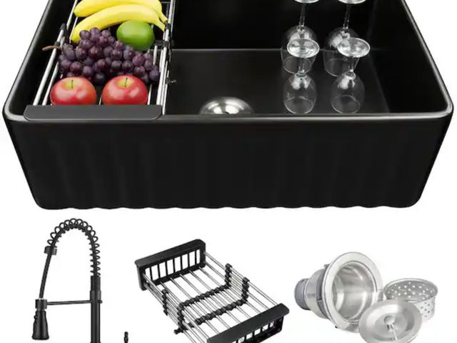 Lot 96-227851 - AKDY
Black Fireclay 33 in. Single Bowl Apron-Front Kitchen Sink with Faucets and Basket Strainer
New...