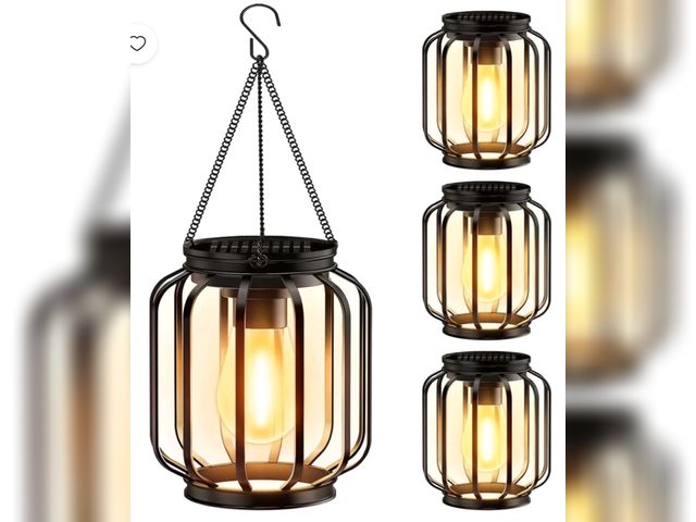 Lot 96-230821 - Diigabo 4-Pack Solar Hanging Lanterns Outdoor Metal Waterproof LED Lights with Hook Warm Bright Deco...