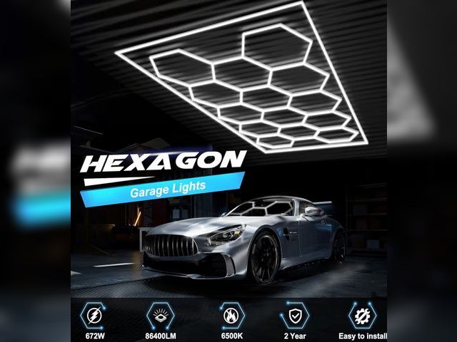 Lot 96-186615 - Hexagon Garage Lights with Rectangle Frame, High Brightness 672W 86400LM 6500K, 14 Hex Grid for Gara...