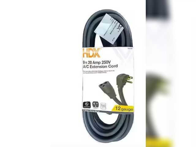 Lot 96-163432 - HDX
9 ft. 12/3 20 Amp 250-Volt Air Conditioner Extension Cord, Grey

New