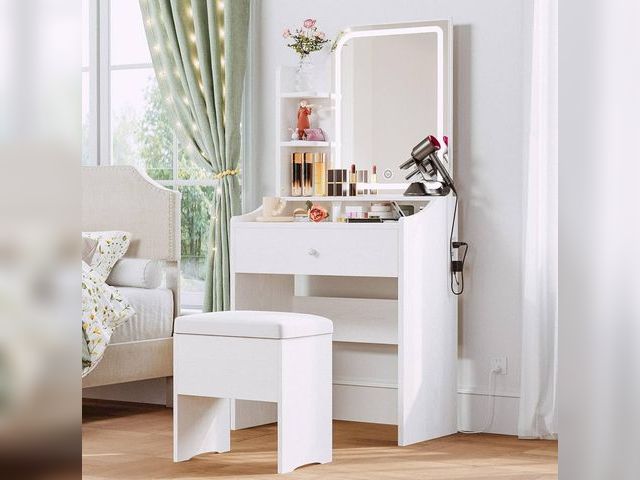 Lot 96-172911 - LIKIMIO Small Makeup Vanity Desk with Mirror and Lights, Vanity Table Set with Storage Drawer, Chair...