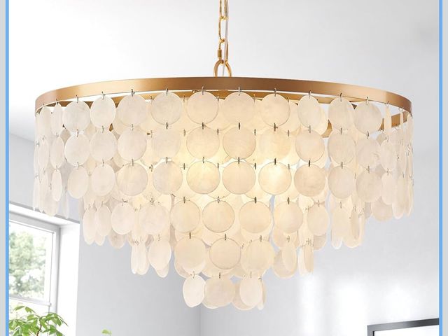 Lot 96-170204 - 24" Capiz Shell Chandelier, 5 Light Gold Dining Room Light Fixture Modern Coastal Chandeliers for Be...