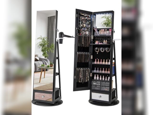 Lot 96-197305 - SlickBlue Lockable 360 Degree Swivel Jewelry Cabinet with Full-Length Mirror, LED Lights, and Shelve...