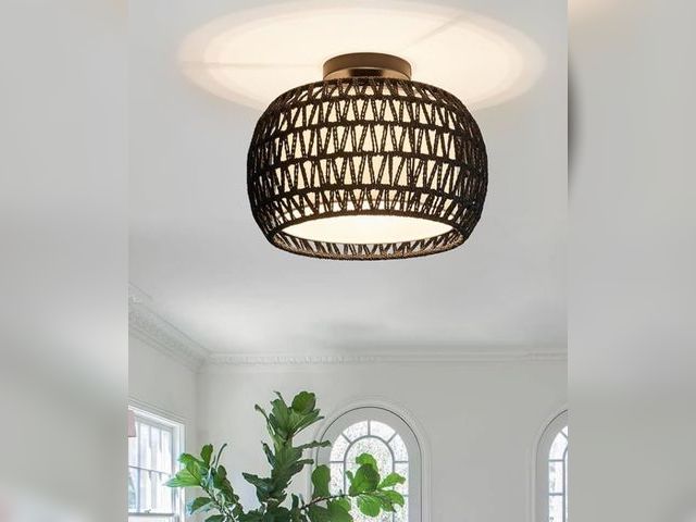 Lot 96-164036 - Rattan Ceiling Light Fixtures, Hand-woven Boho Flush Mount Light, Handmade Fixtures with Fabric Shad...