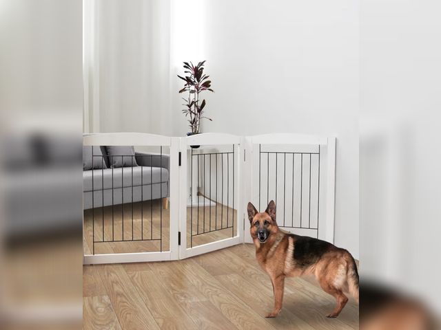 Lot 96-180473 - ZJSF Freestanding Foldable Dog Gate for House Extra Wide Wooden White Indoor Puppy Gate Stairs Doorw...
