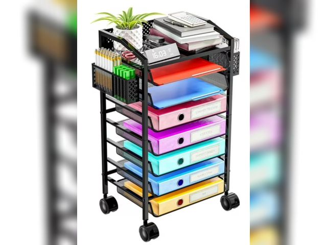 Lot 96-203851 - 8 Tier Small Rolling File Cart, Metal Desk File Organizer with Sliding Trays and Two Pen Holders, Me...
