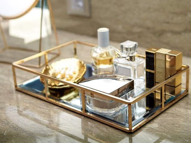 Lot 96-177049 - Tray Mirror, Gold Dresser Ornate Tray Metal Decorative Tray Jewelry Perfume Organizer Makeup Tray fo...