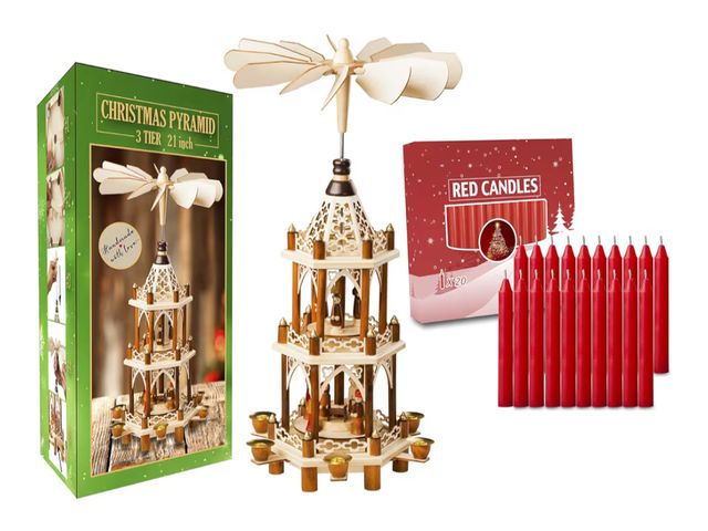 Lot 96-177827 - German Christmas Decoration Pyramid-21 Inches-with 20pcs Red Candles Included-Wood Nativity Scene -C...