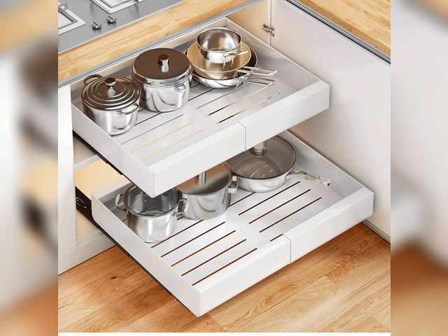 Lot 96-164472 - 2Pack Expandable Pull Out Cabinet Organizers 21"Deep with Cleaning Brushes- Slide Out Drawers for Ki...