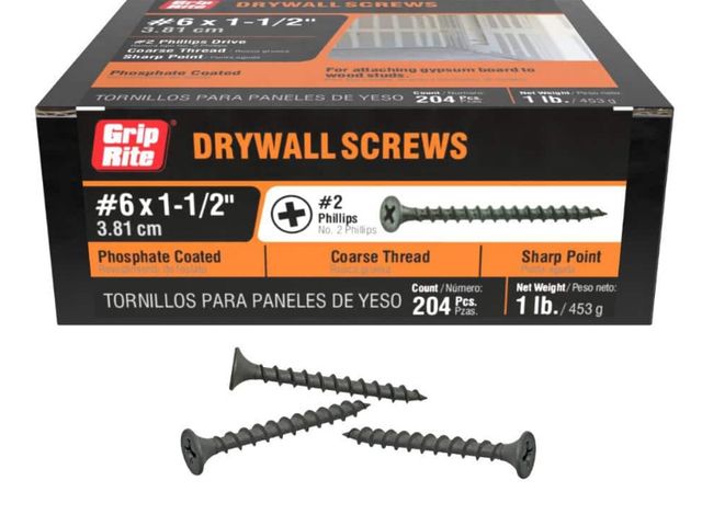 Lot 96-173964 - Grip-Rite #6 x 1-1/2 in. #2 Phillips Bugle
Head Coarse Thread Sharp Point Drywall Screws 1 lb. Box
N...