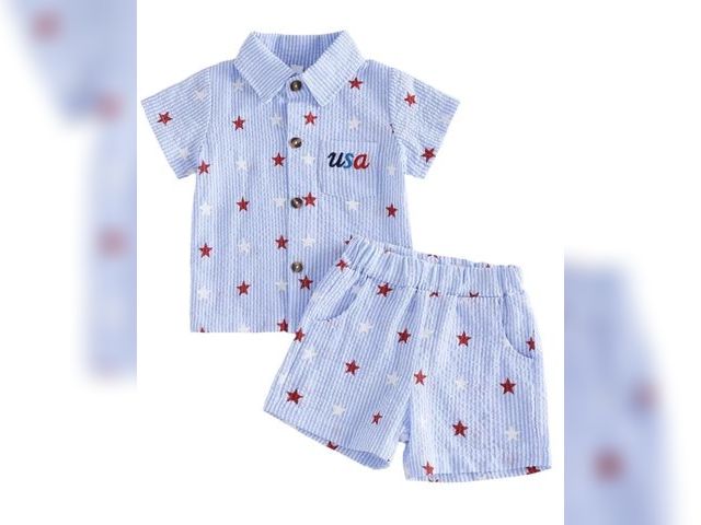 Lot 96-232778 - Loicainy Toddler Boy 4th of July Outfits Short Sleeve Letter Embroidery Button Up Shirt + Shorts Set...