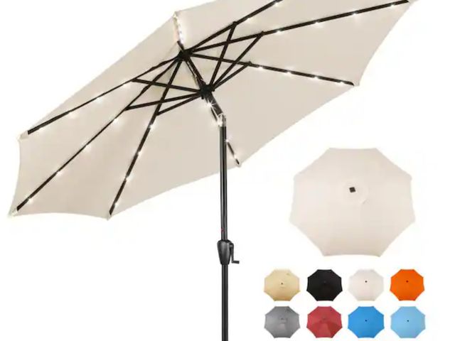 Lot 96-232851 - Sun-Ray 9 ft. Steel Market Solar Lighted 8-Rib Round Patio Umbrella in Creamy Beige New