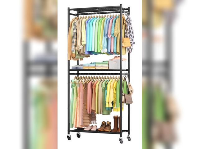 Lot 96-190685 - Clothes Rack - 33.0" x 12.2" x 79.5" Clothing Rack with Shelves &amp; Wheels, Multi-Functional Wardr...
