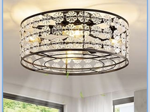 Lot 96-194002 - Black Modern Flower Crystal Fandelier with Light and Remote, Rustic Caged Ceiling Fan Flush Mount, L...