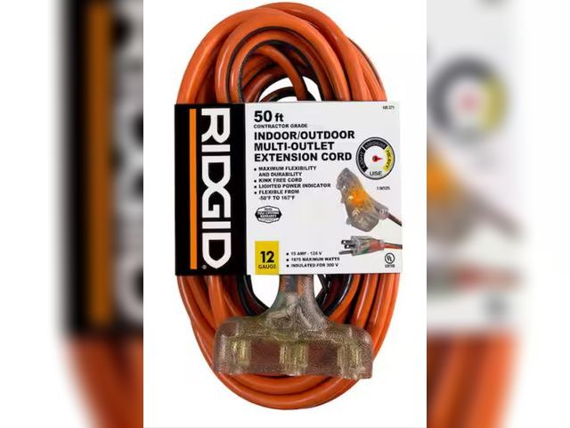 Lot 96-165237 - RIDGID 50 ft. 12/3 Heavy Duty Indoor/Outdoor Extension Cord with Tritap Lighted End, Orange/Grey

Ap...