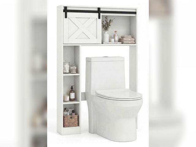 Lot 96-227121 - Costway Over the Toilet Bathroom Storage Cabinet with Sliding Barn Door &amp; Shelves White MSRP $14...