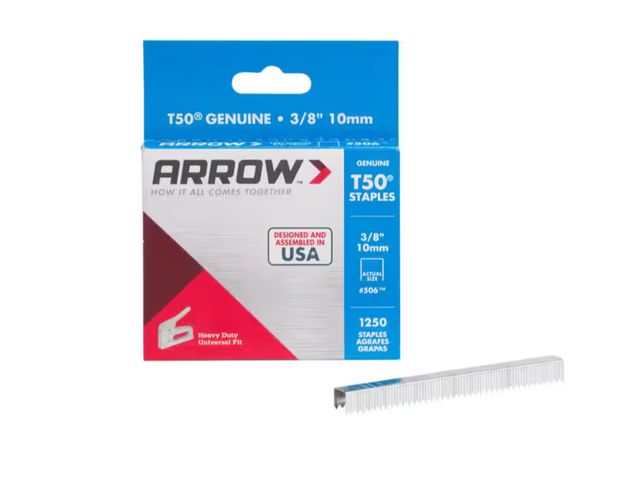 Lot 96-179283 - Arrow
T50 3/8 in. Leg x 3/8 in. 506 Galvanized, Medium Crown, Divergent Point, 20-Gauge, Heavy-Duty ...