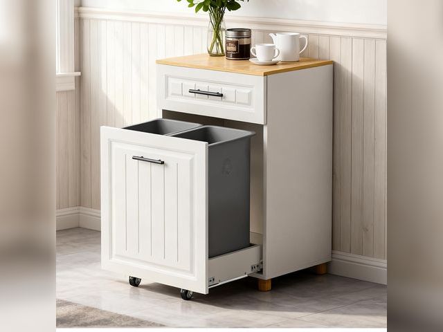 Lot 96-182843 - Pull Out Trash Can Cabinet for 13 Gallon Bins Freestanding 2 ×7 Gallon Double Kitchen Trash Bin Cabi...