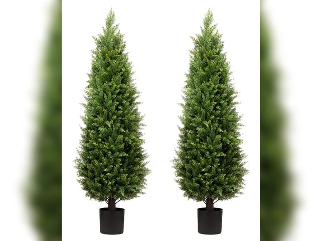 Lot 96-189915 - 4ft Artificial Cedar Trees Artificial Topiary Trees Set of 2 Faux Cypress Plants UV Resistant Potted...