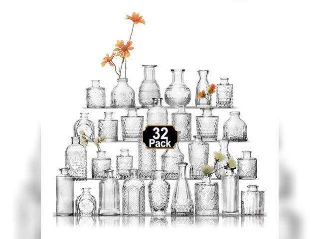 Lot 96-179314 - Aheroi 32 Pcs Bud Vase Set, Clear Vases for Centerpieces, Cute Glass Bud Vases Small Vases for Flowe...