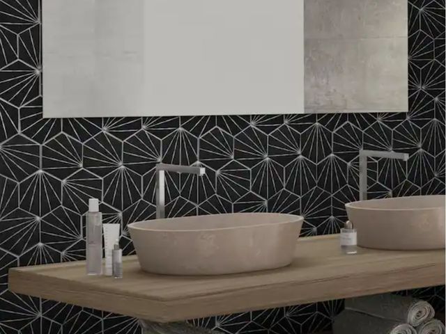 Lot 96-145041 - 17.8sq ft of Art Deco Black Hexagon 12x10.6in. Recycled Glass Matte Patterned Mosaic Floor and Wall ...