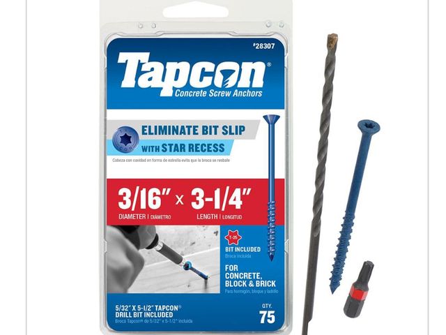 Lot 96-162908 - Tapcon 3/16 in. x 3-1/4 in. Star Flat-
Head Concrete Anchors (75-
Piece) Unused possible missing nai...