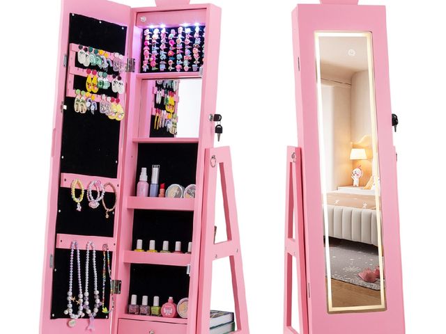 Lot 96-192317 - Costway HY10470US-PI 3-in-1 Kids Jewelry Cabinet with 3-Color Lighted Full Length Mirror &amp; Inter...