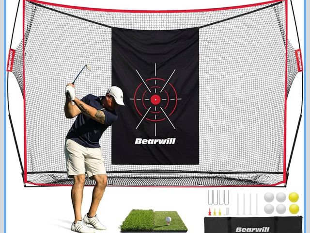 Lot 96-176436 - Bearwill Golf Net, 10x7ft Heavy Duty Golf Practice Nets with Mat, Target Cloth, 8 Tees, 6 Balls, Car...