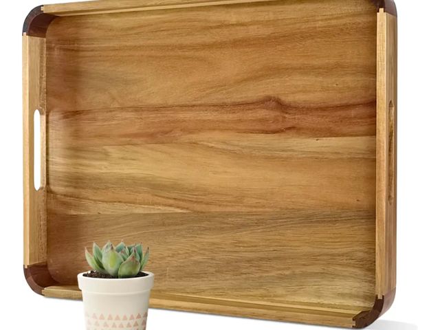 Lot 96-163695 - Acacia Wood Serving Tray with Handles, Large Wooden Rectangle Ottoman Tray, Nice Home Decor for Livi...