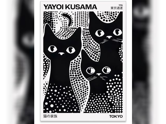 Lot 96-177560 - Cute Black Cat Poster Japanese Yayoi Kusama Wall Art Trendy Animal Canvas Prints for Bedroom Dorm Wa...