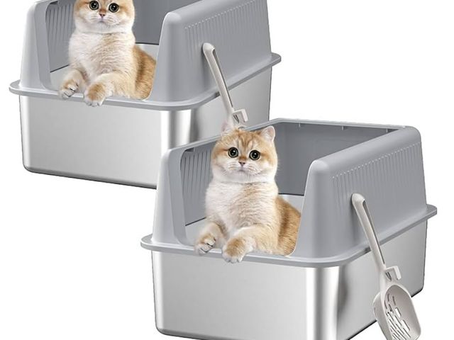 Lot 96-169531 - 2PACK Stainless Steel Cat Litter Box with Lid,19.7” L x 13.8” W x 11.8”H Deep,Large Metal Litter Box...