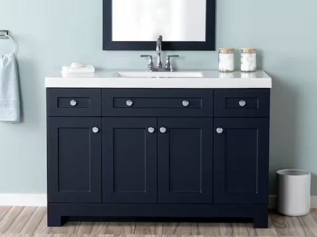Lot 96-226238 - Glacier Bay Everdean 49 in. Single Sink Deep Blue Freestanding Bath Vanity with White Cultured Marbl...