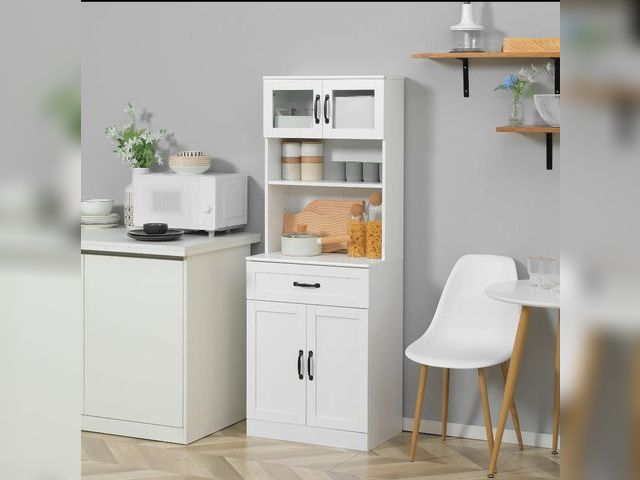 Lot 96-16036 - HOMCOM Freestanding Kitchen Pantry, 4-Door Buffet Cabinet with Hutch, Coffee Bar with Adjustable She...